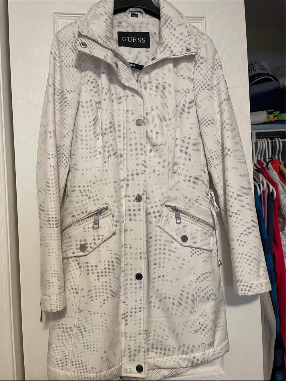 GUESS White Dot-Camo Long Trench Coat